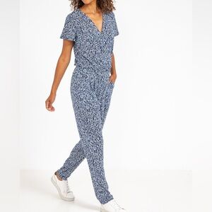 Armand Thiery Blue & White Printed Short Sleeve Jumpsuit Women’s Medium